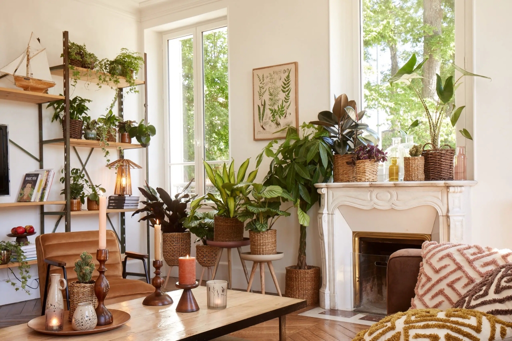 un salon avec des plante verte