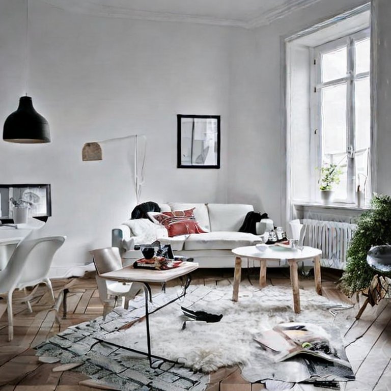Salon blanc avec des meubles scandinaves.