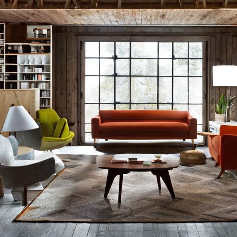 Un salon avec une table basse scandinave et un canapé orange.